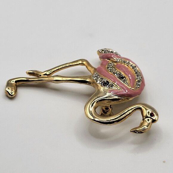 Pink Flamingo Brooch Pin AB Crystal Enamel Tropical Island Bird Gold Plated 2.2" - Picture 3 of 5